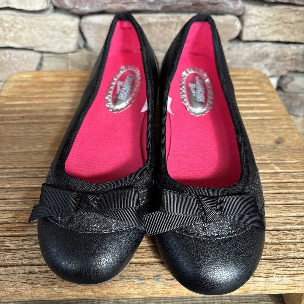 OshKosh B'gosh Kid Slip-On Bow Flat  Style Black  Glitter Accents Sz 2